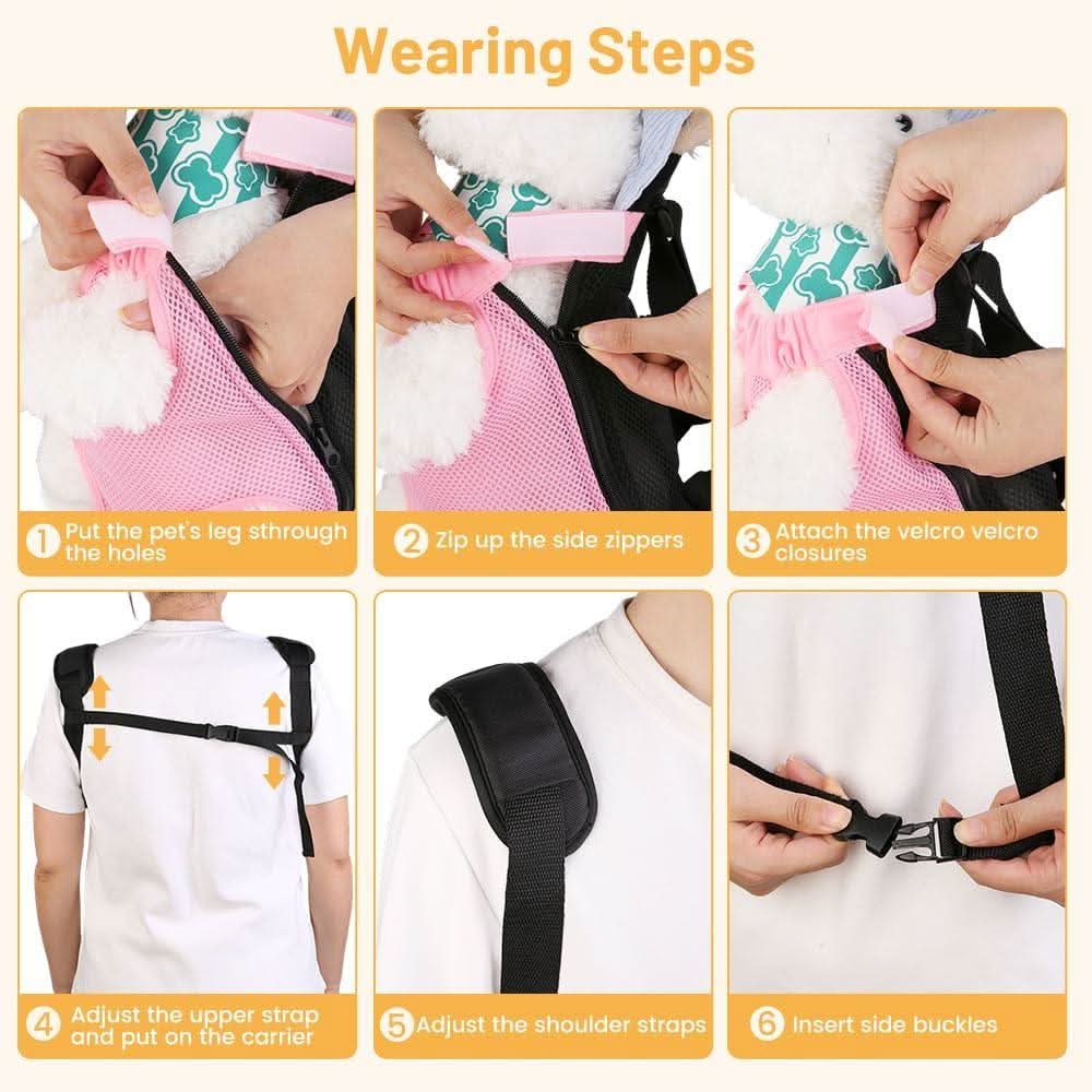 Six wearing steps: put the legs through the holes, zip the side zippers, attach the hook and loop closures, adjust the upper strap, adjust the shoulder straps and insert the side buckles.