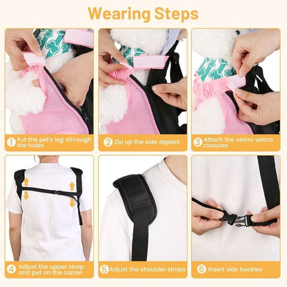 Six wearing steps: put the legs through the holes, zip the side zippers, attach the hook and loop closures, adjust the upper strap, adjust the shoulder straps and insert the side buckles.