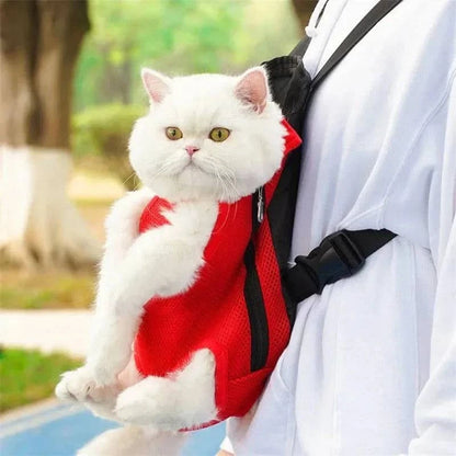 White Persian cat riding in the red mesh carrier on the wearer's chest outdoors.