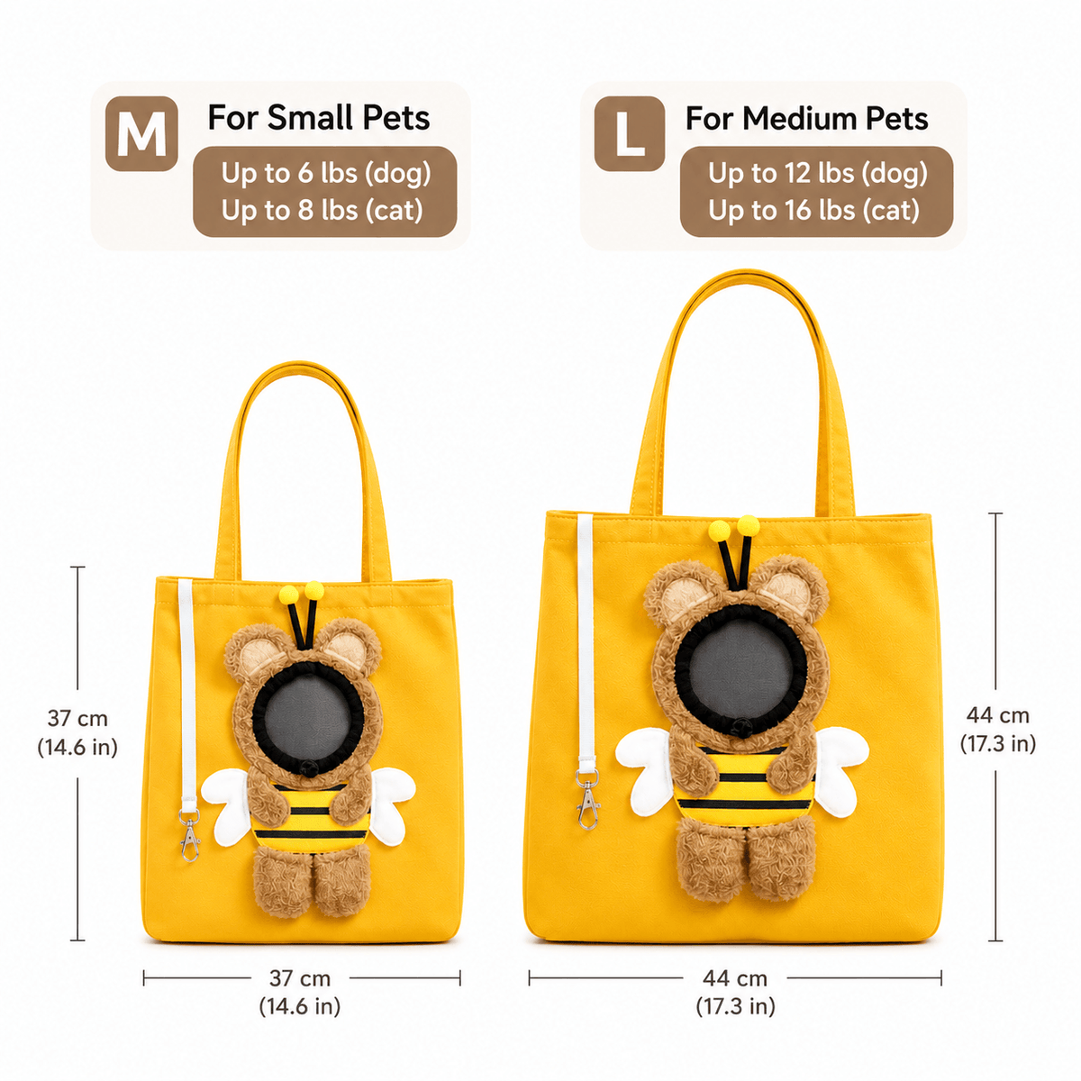 Size chart listing M at 37 cm for pets up to 6 lbs and L at 44 cm for pets up to 12 lbs