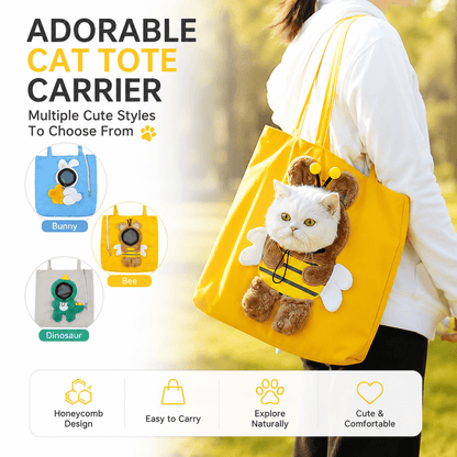 Yellow bee tote worn on the shoulder beside thumbnails of the bunny bee and dinosaur styles and easy to carry callouts