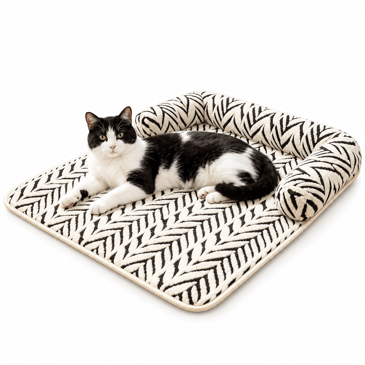 Black and white cat lying on the cream and black patterned pet couch cover bed with bolster.
