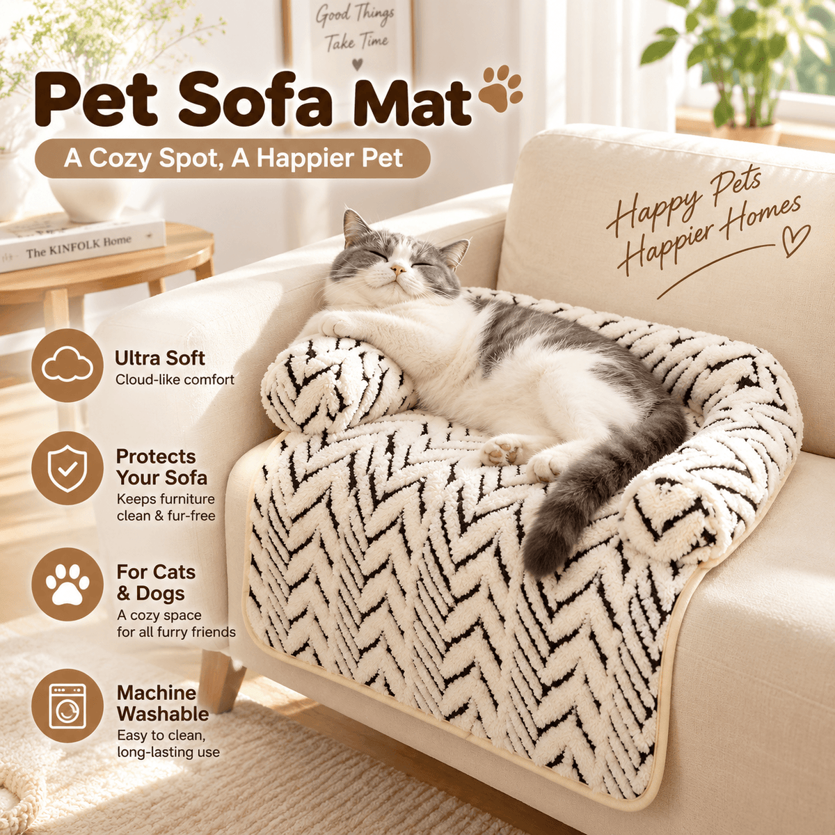 Cat resting on the pet couch cover bed draped over a cream armchair, with feature icons.