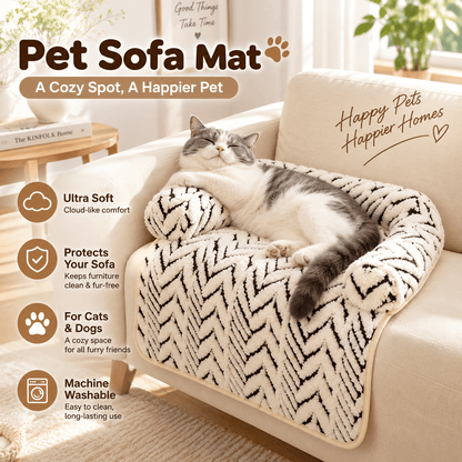 Cat resting on the pet couch cover bed draped over a cream armchair, with feature icons.
