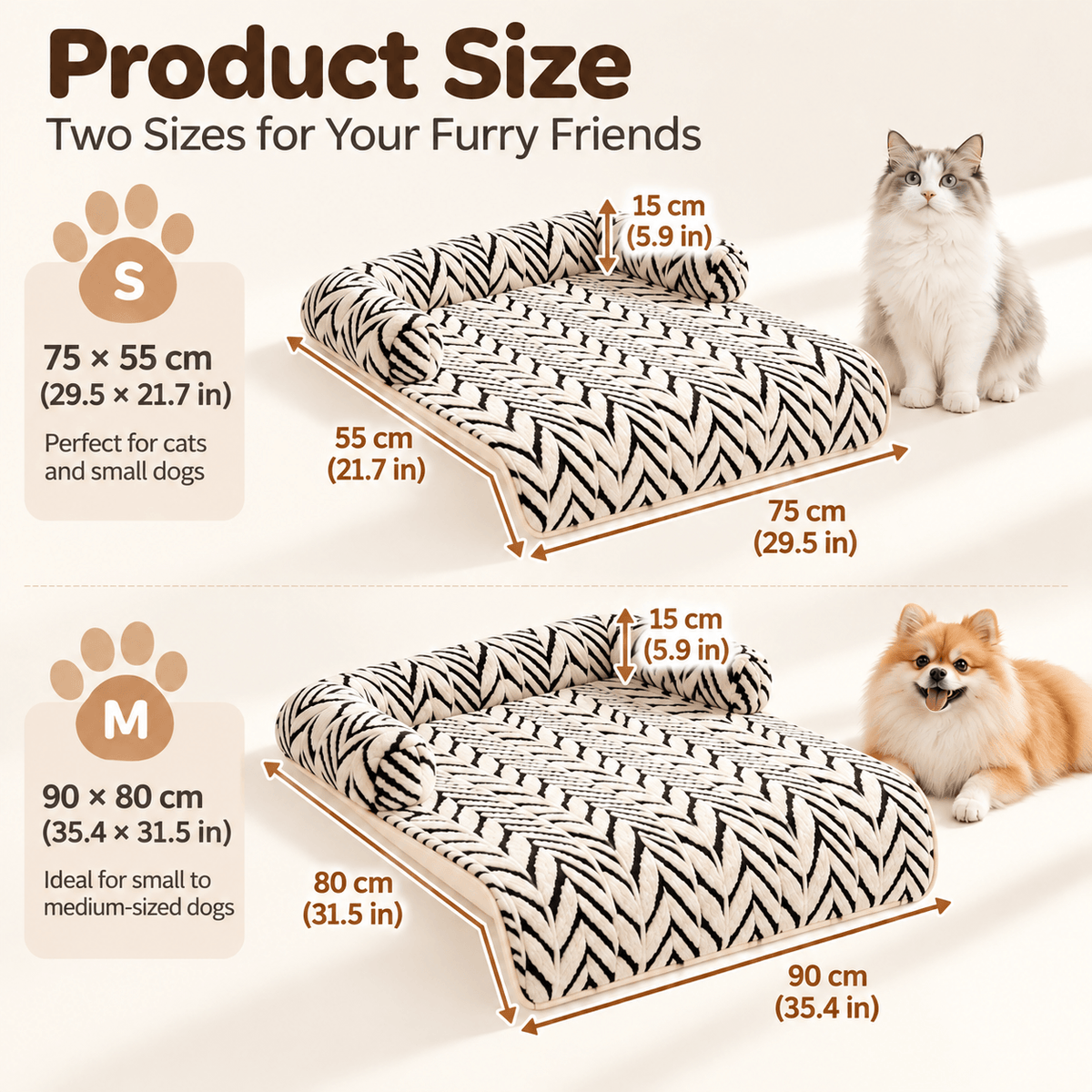 Size chart for the pet couch cover bed: S 75 x 55 cm for cats and small dogs, M 90 x 80 cm for small to medium dogs.