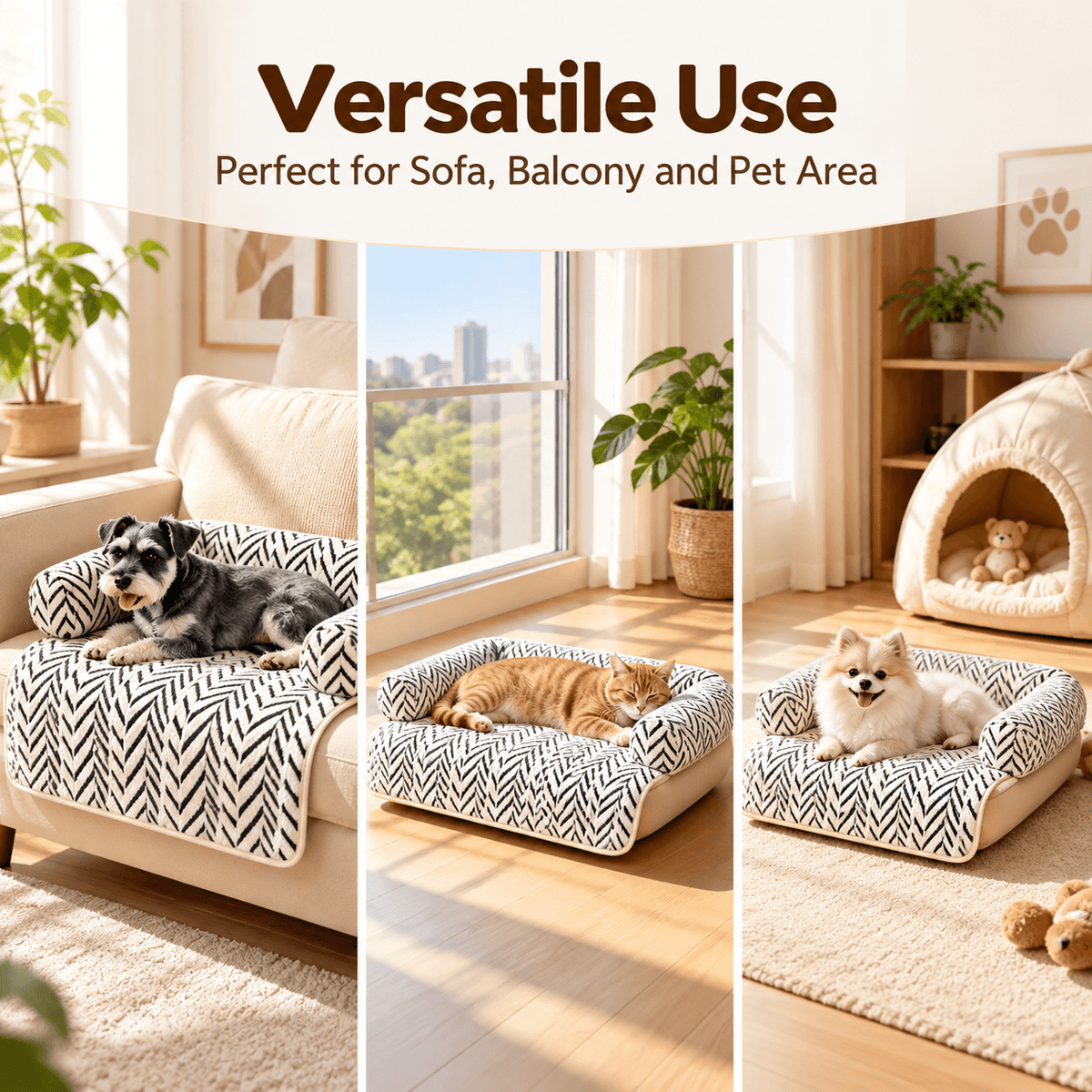 The pet couch cover bed used on a sofa, by a balcony window and on the floor of a pet corner.