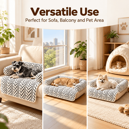 The pet couch cover bed used on a sofa, by a balcony window and on the floor of a pet corner.