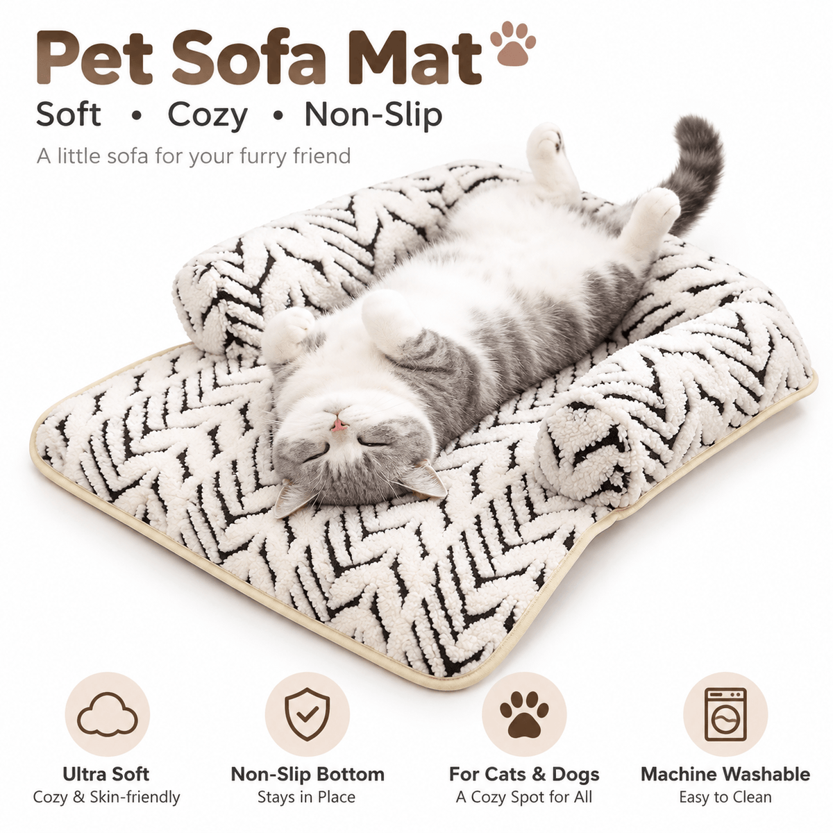Gray and white cat lying on its back against the bolster of the pet couch cover bed, with feature icons.
