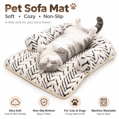 Gray and white cat lying on its back against the bolster of the pet couch cover bed, with feature icons.