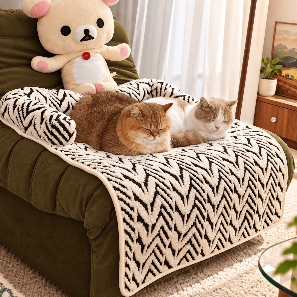 Two cats curled up together on the pet couch cover bed placed on a green sofa.