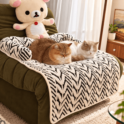 Two cats curled up together on the pet couch cover bed placed on a green sofa.