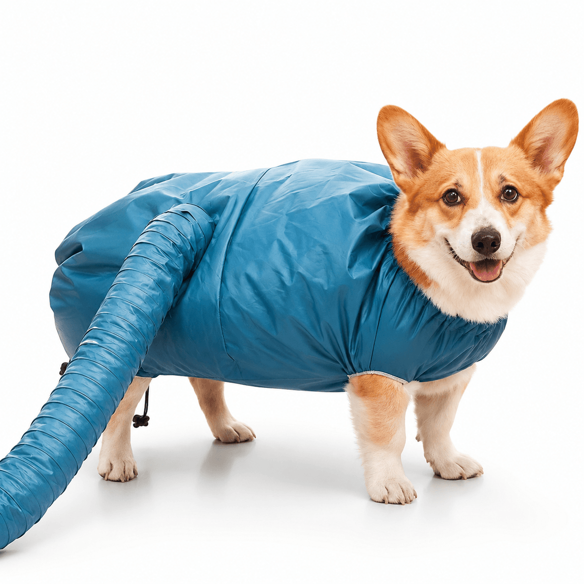 A corgi standing in a blue drying bag with the ribbed air tube attached at the rear.