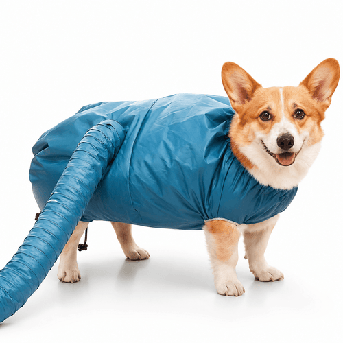 A corgi standing in a blue drying bag with the ribbed air tube attached at the rear.