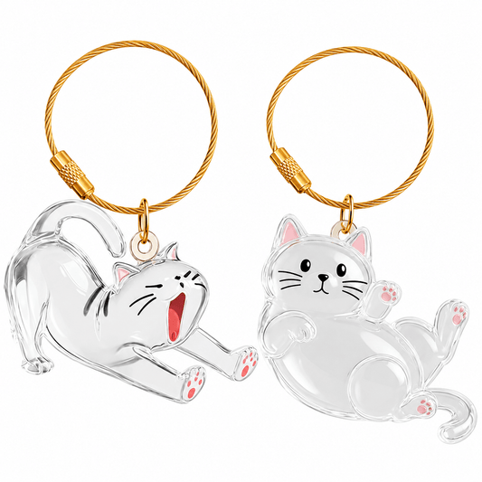 Two empty clear cat-shaped pet fur keepsake keychains, a stretching cat and a reclining cat, on gold-tone rings.