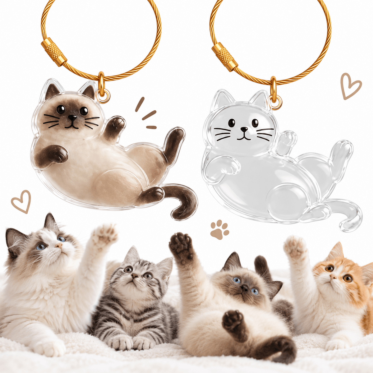 Reclining cat pet fur keepsake keychain shown filled with Siamese fur next to an empty one.