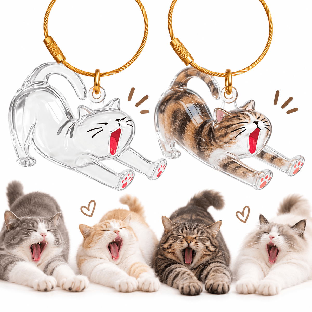 Stretching cat pet fur keepsake keychain shown empty and filled with tabby fur.