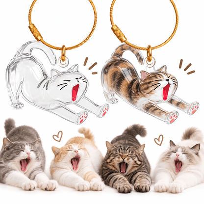 Stretching cat pet fur keepsake keychain shown empty and filled with tabby fur.