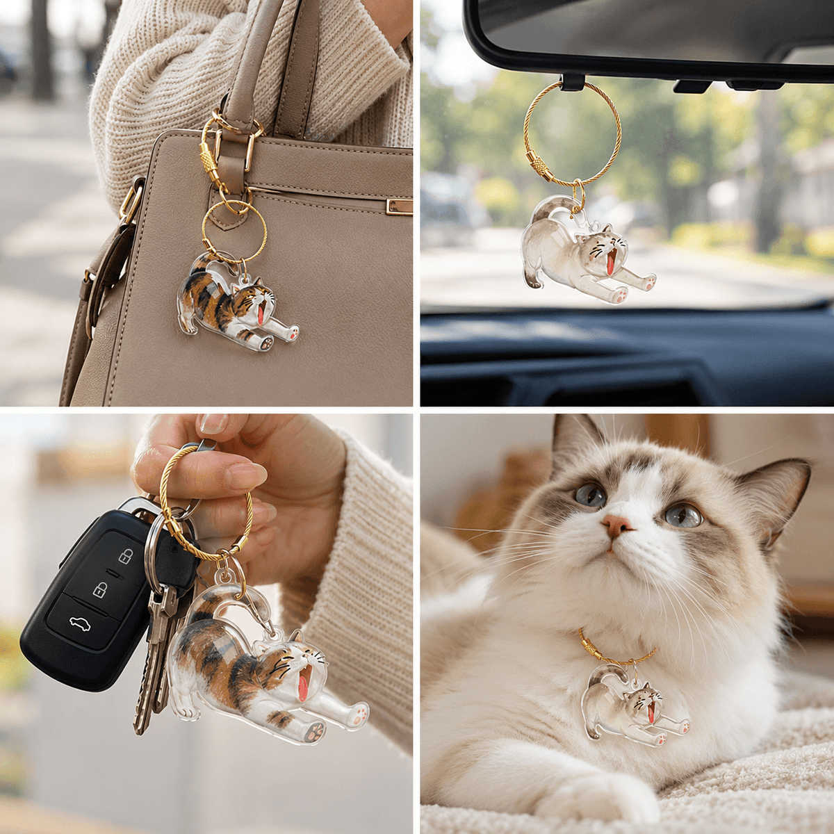 Fur-filled pet fur keepsake keychain hanging from a handbag, car mirror and car keys.