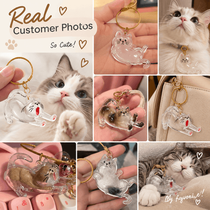 Collage of fur-filled pet fur keepsake keychains held beside cats.