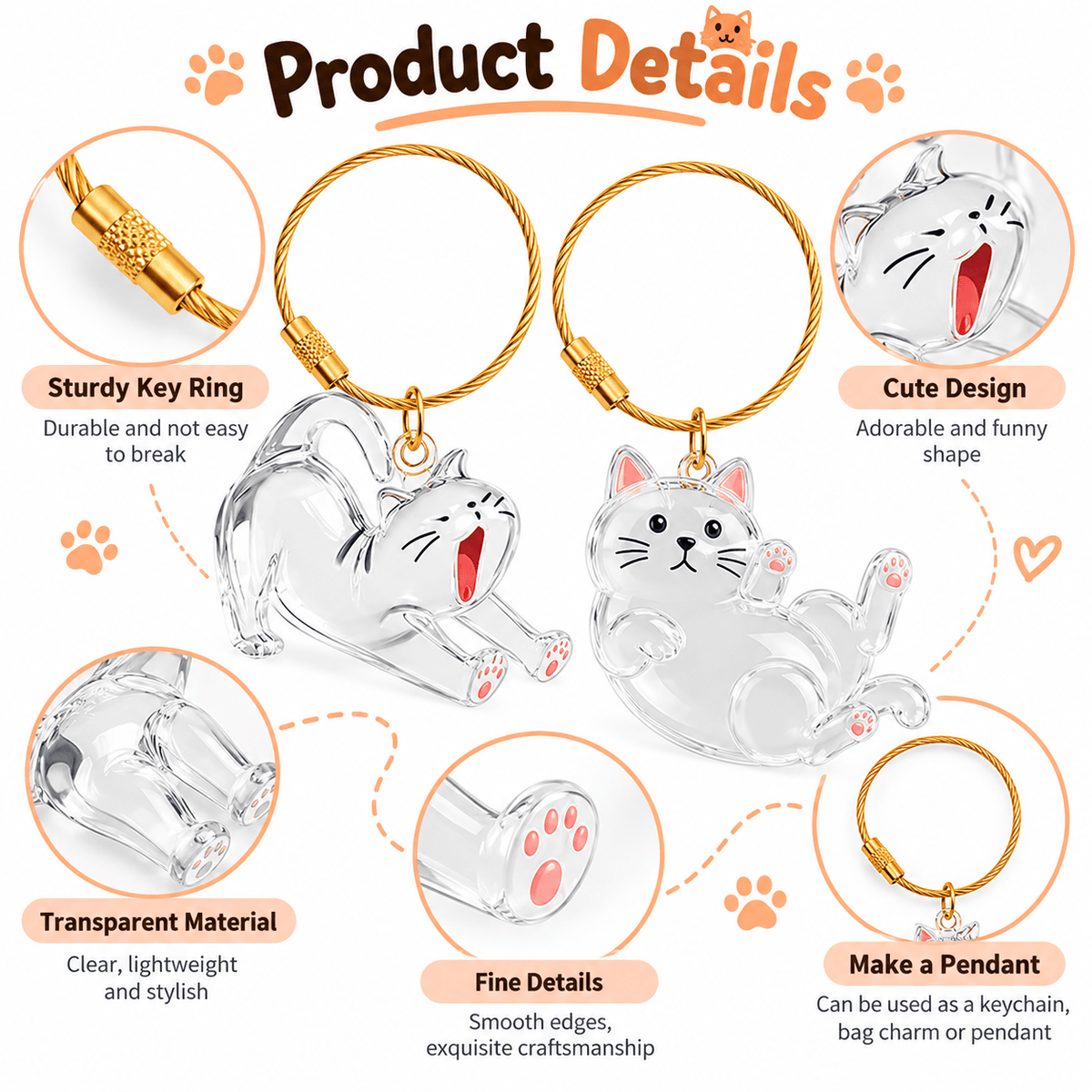 Product details of the pet fur keepsake keychain: screw-lock key ring, transparent shell and paw details.