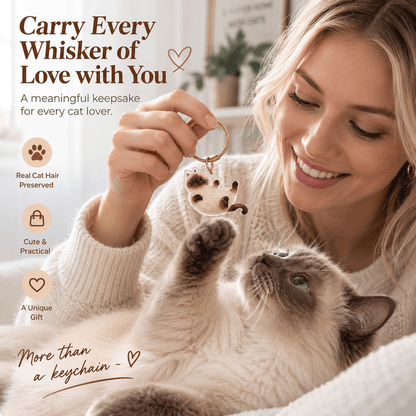 Smiling woman holding a fur-filled pet fur keepsake keychain while her Siamese cat paws at it.