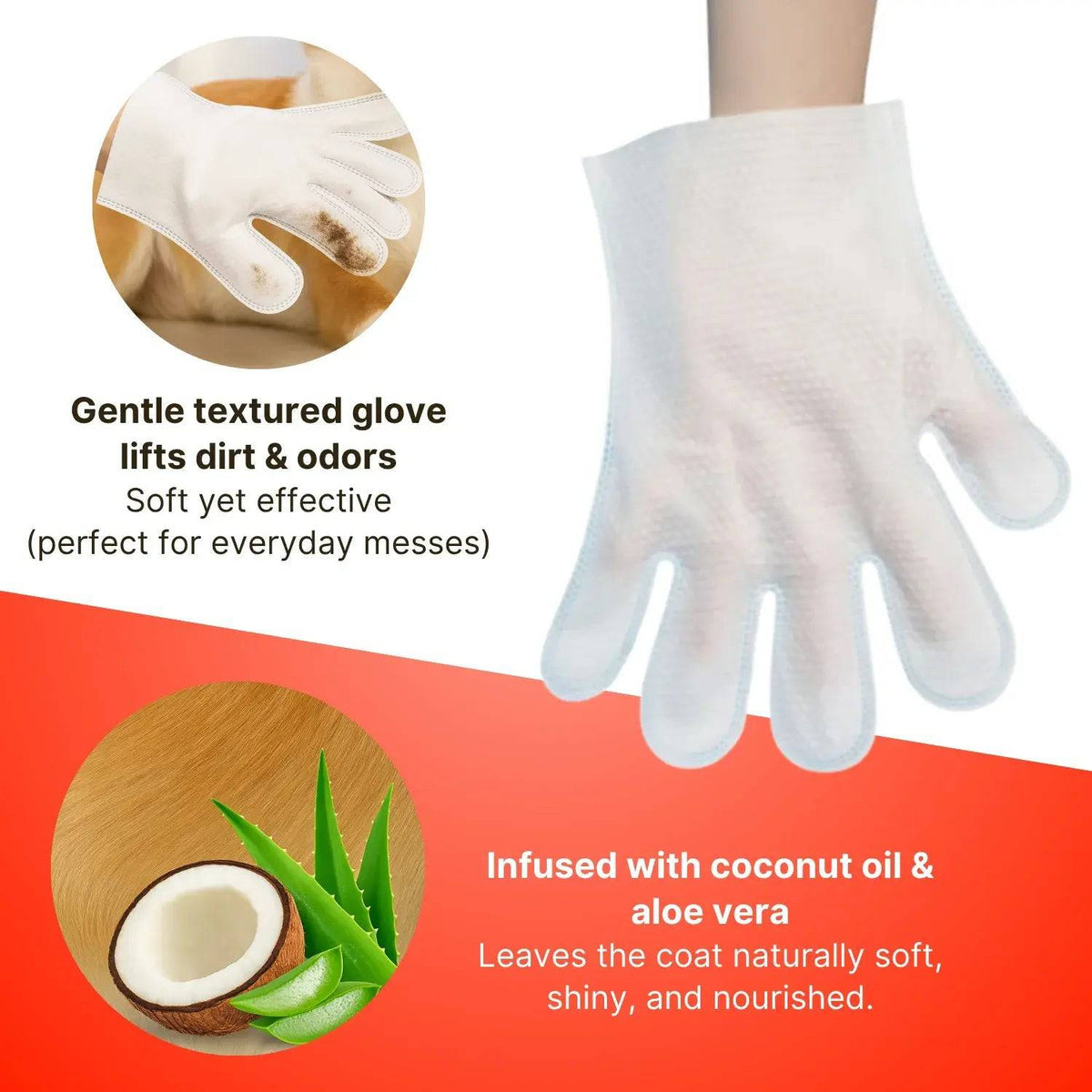 Glove wipe on a hand, labeled gentle textured glove lifts dirt and odors and infused with coconut oil and aloe vera.