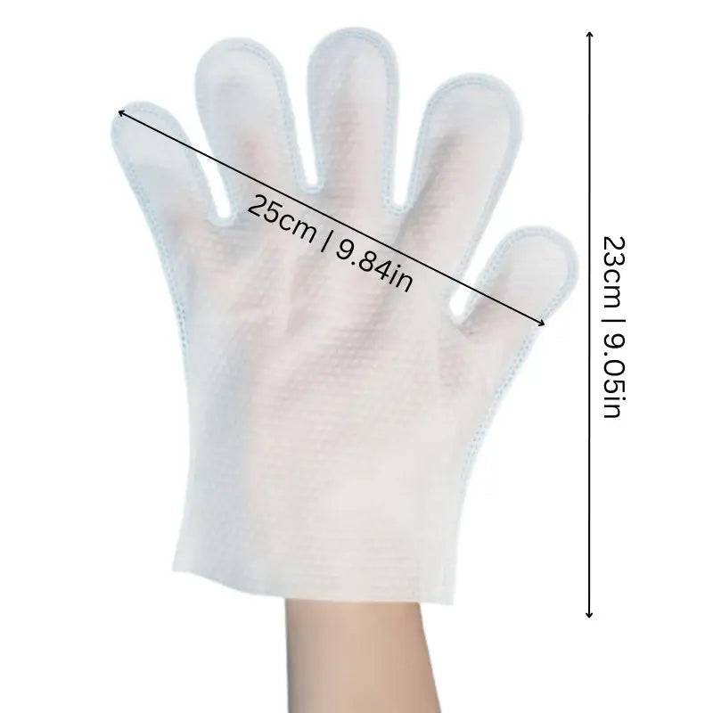Pet glove wipe on a hand with dimensions marked 25 cm or 9.84 in wide and 23 cm or 9.05 in tall.
