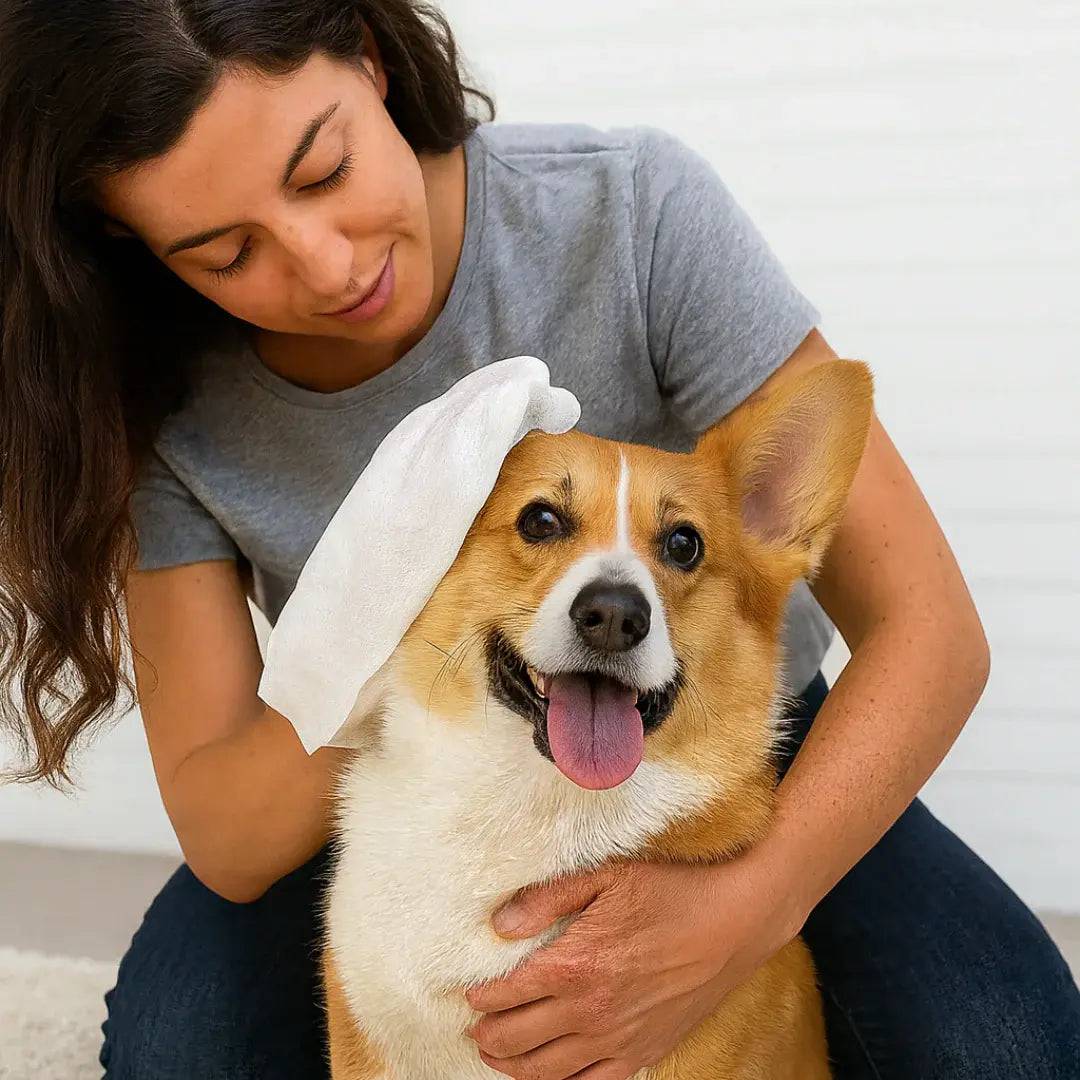 Woman wiping a corgi's head with the pet glove wipe.