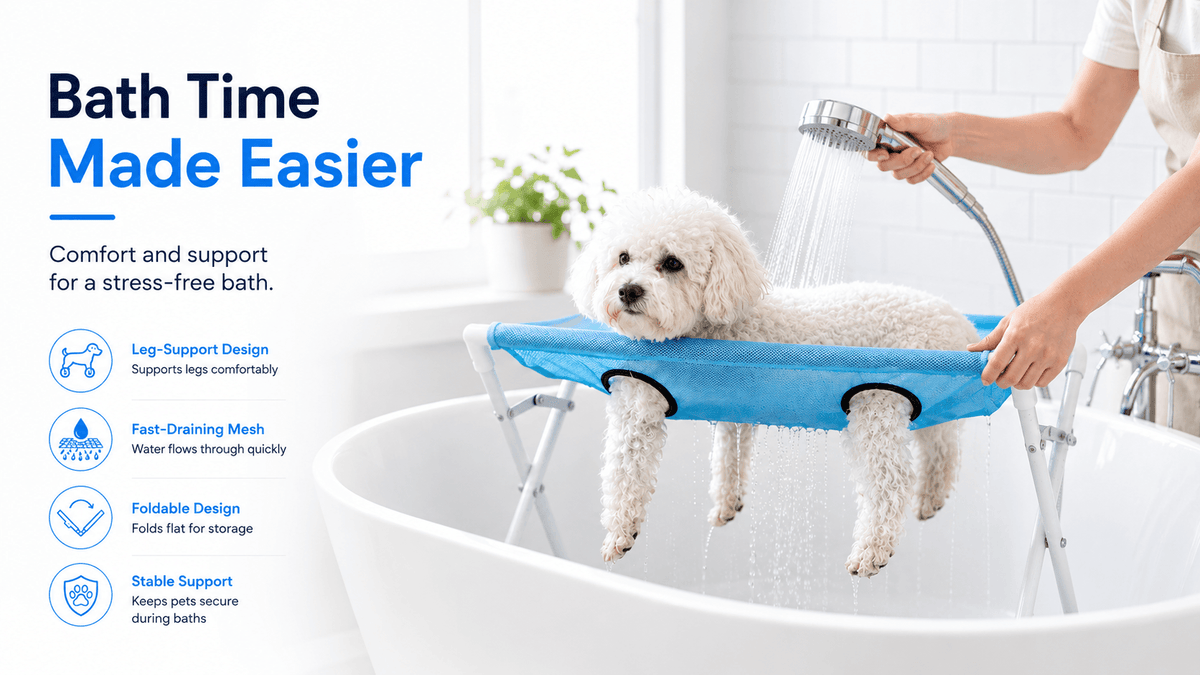 Bath time banner image showing a small white dog standing on the blue grooming stand in a bathroom being rinsed