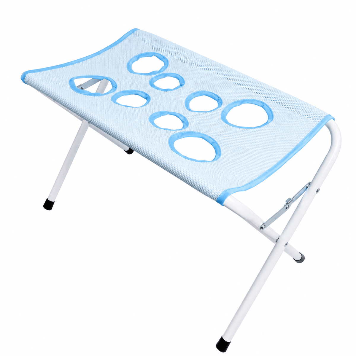Blue pet grooming hammock stand with a white folding frame and mesh top