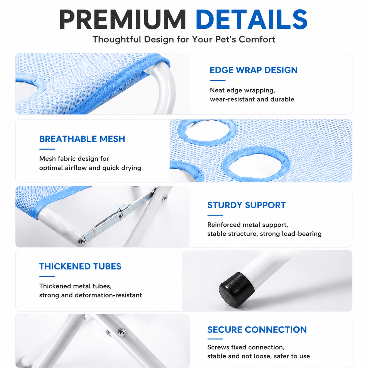 Build detail infographic showing the edge wrap design, breathable mesh, reinforced metal supports, thickened tubes and screw fixed connections