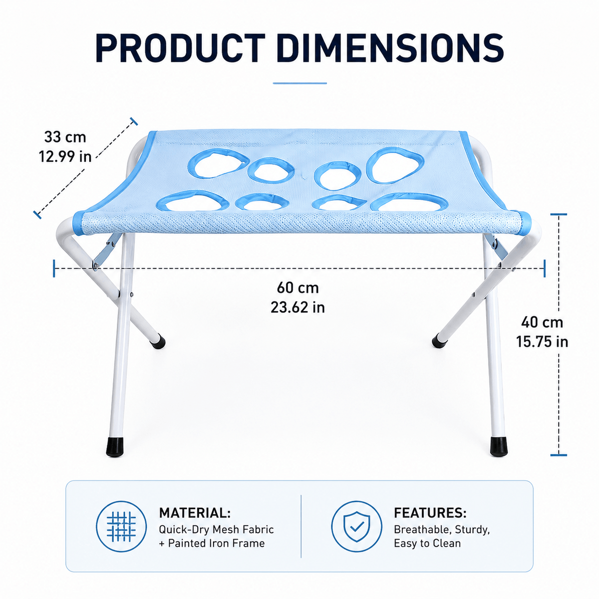 Product dimensions diagram showing the stand at 60 cm long, 33 cm wide and 40 cm high in quick-dry mesh on a painted iron frame