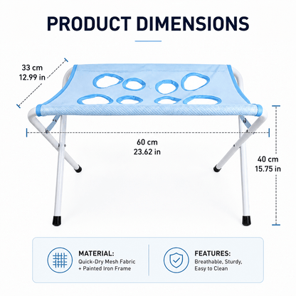 Product dimensions diagram showing the stand at 60 cm long, 33 cm wide and 40 cm high in quick-dry mesh on a painted iron frame