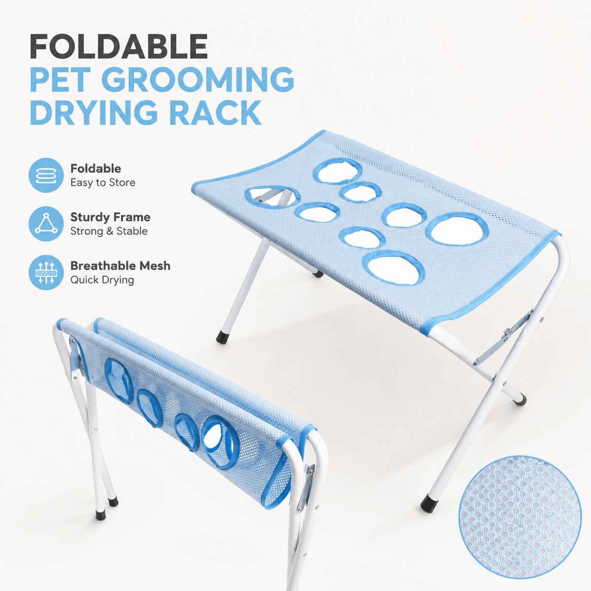 The foldable pet grooming and drying rack shown folded, labeled foldable, sturdy frame and breathable quick-drying mesh