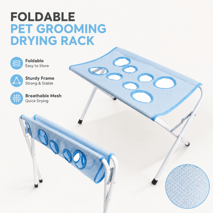 The foldable pet grooming and drying rack shown folded, labeled foldable, sturdy frame and breathable quick-drying mesh