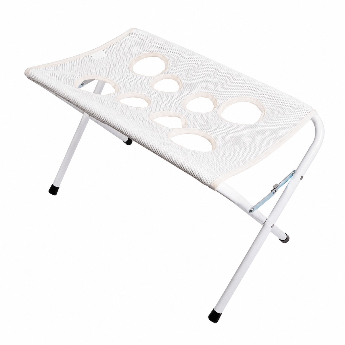 Gray pet grooming hammock stand with a white folding frame and mesh top