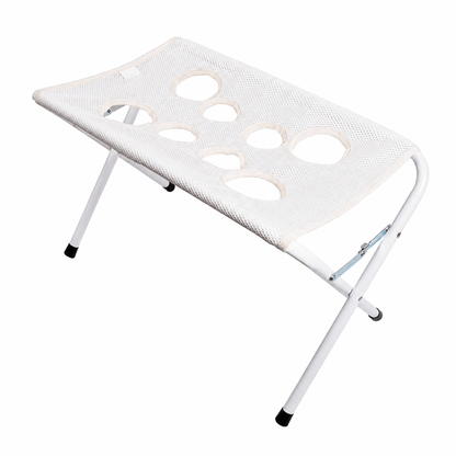 Gray pet grooming hammock stand with a white folding frame and mesh top