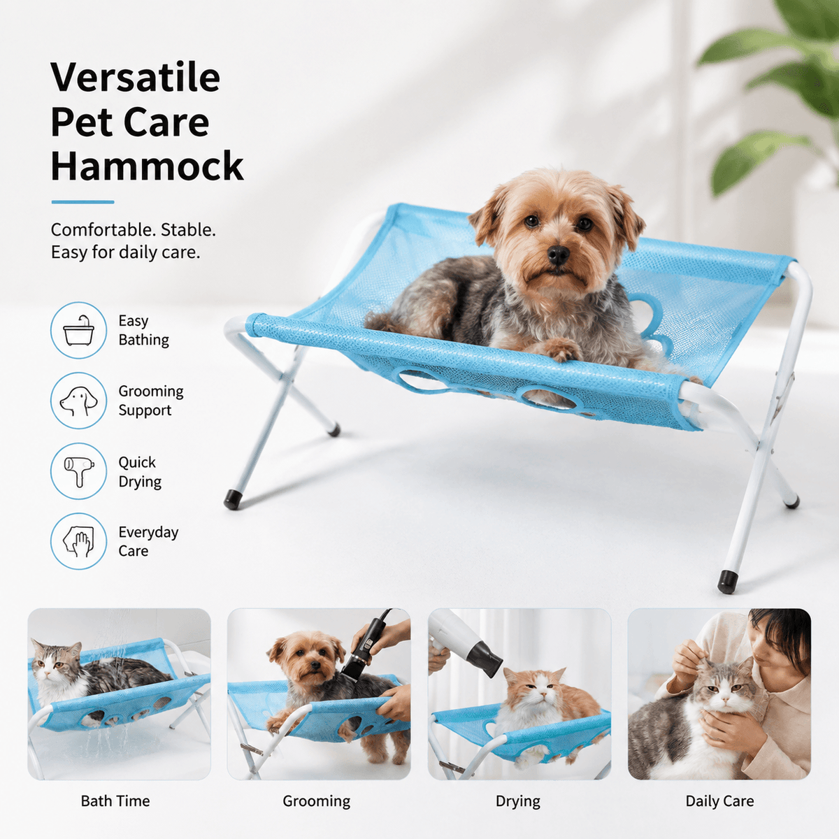 Versatile pet care hammock infographic showing the stand used for bath time, grooming, drying and everyday care