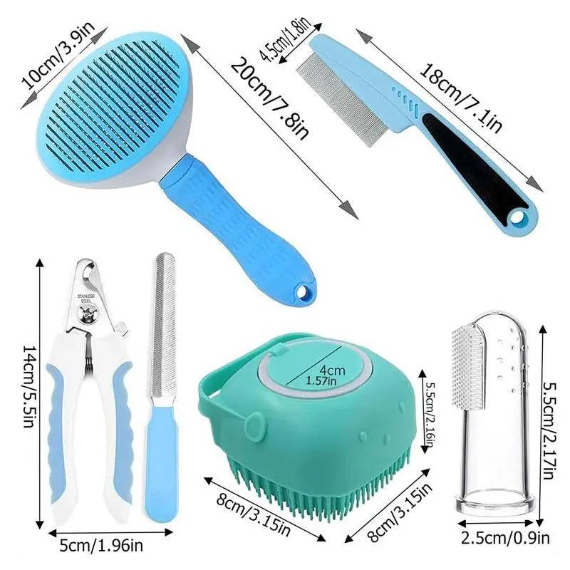 Dimension diagram of all six grooming tools, from the 20 cm slicker brush down to the 5.5 cm finger toothbrush.