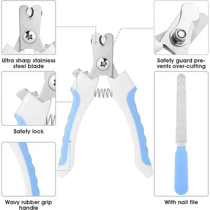 Nail clipper detail showing the stainless steel blade, safety guard, safety lock, wavy rubber grip and the included nail file.