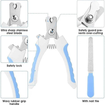 Nail clipper detail showing the stainless steel blade, safety guard, safety lock, wavy rubber grip and the included nail file.