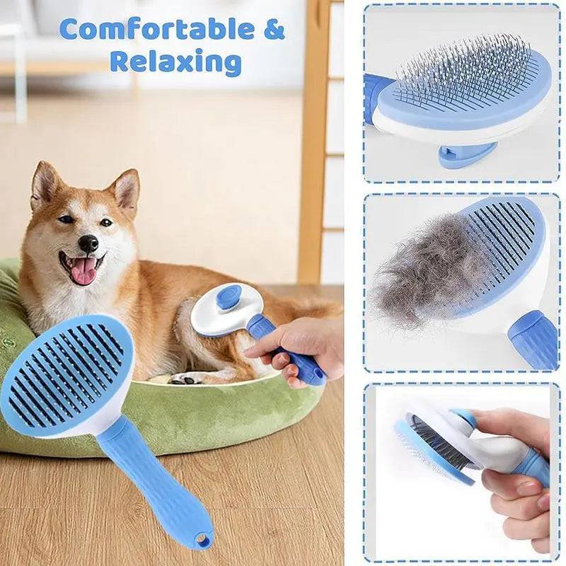 Self-cleaning slicker brush being used on a shiba inu, with close-ups of the pin head, the collected fur and the release button.