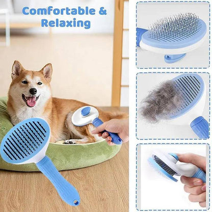 Self-cleaning slicker brush being used on a shiba inu, with close-ups of the pin head, the collected fur and the release button.