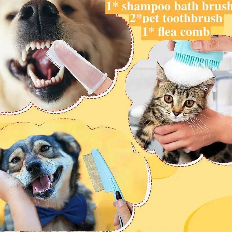 Finger toothbrush on a dog's teeth, a kitten being washed with the bath brush and a dog being combed with the flea comb.