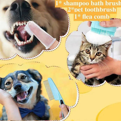 Finger toothbrush on a dog's teeth, a kitten being washed with the bath brush and a dog being combed with the flea comb.