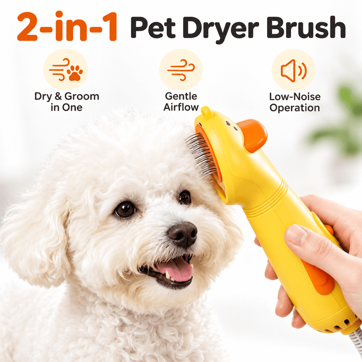 Infographic of the 2 in 1 pet hair dryer brush on a white dog, showing dry and groom in one, gentle airflow and low-noise operation.