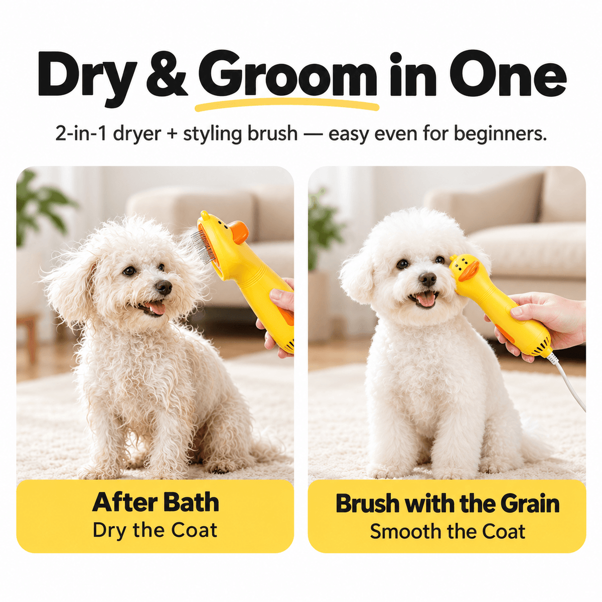 A white dog dried after a bath and brushed with the grain using the 2 in 1 pet hair dryer brush.