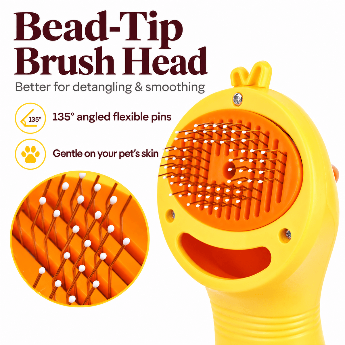 Close-up of the pet hair dryer brush head with 135 degree angled flexible pins and bead tips for gentle detangling.