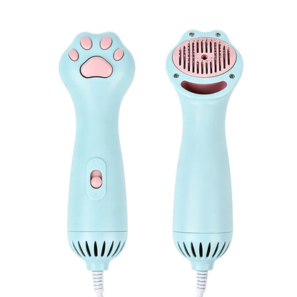 Blue cat paw style pet hair dryer brush shown from the back with a pink paw print and from the front with its grooming pins.