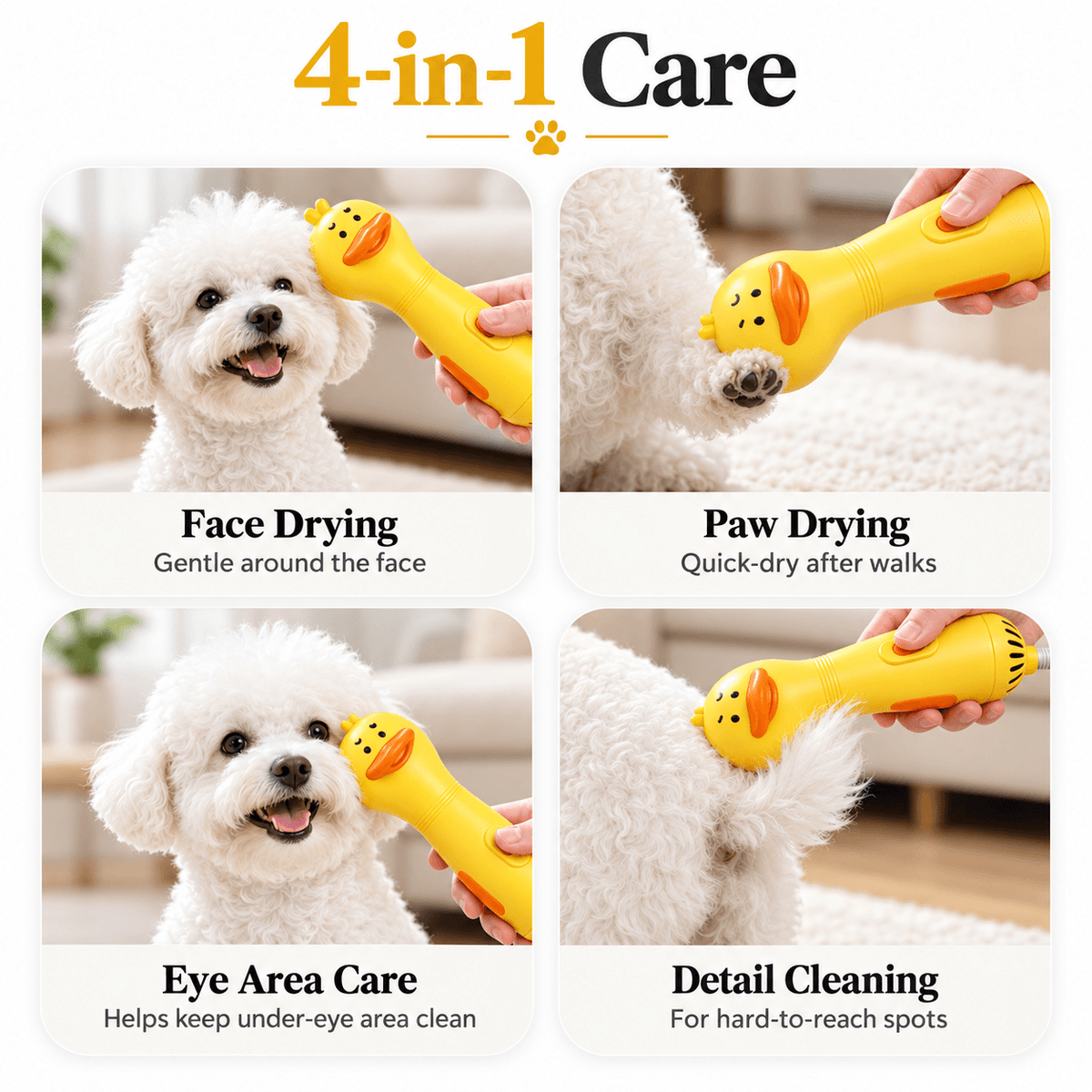 Four uses of the pet hair dryer brush on a white dog: face drying, paw drying, eye area care and detail cleaning.
